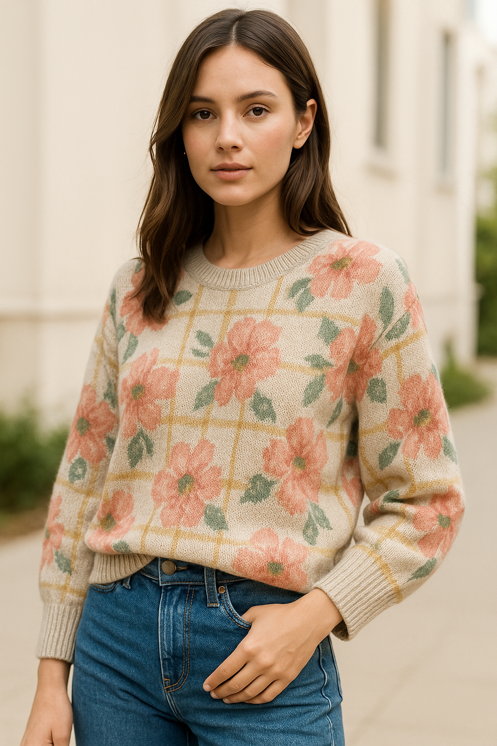 Floral and Plaid Prints Pullover